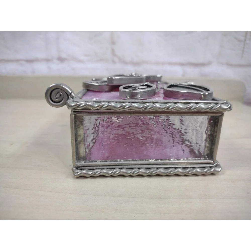 Vtg Stained Pink Slag Glass Jewelry Storage Box Red Roses 3D Lid